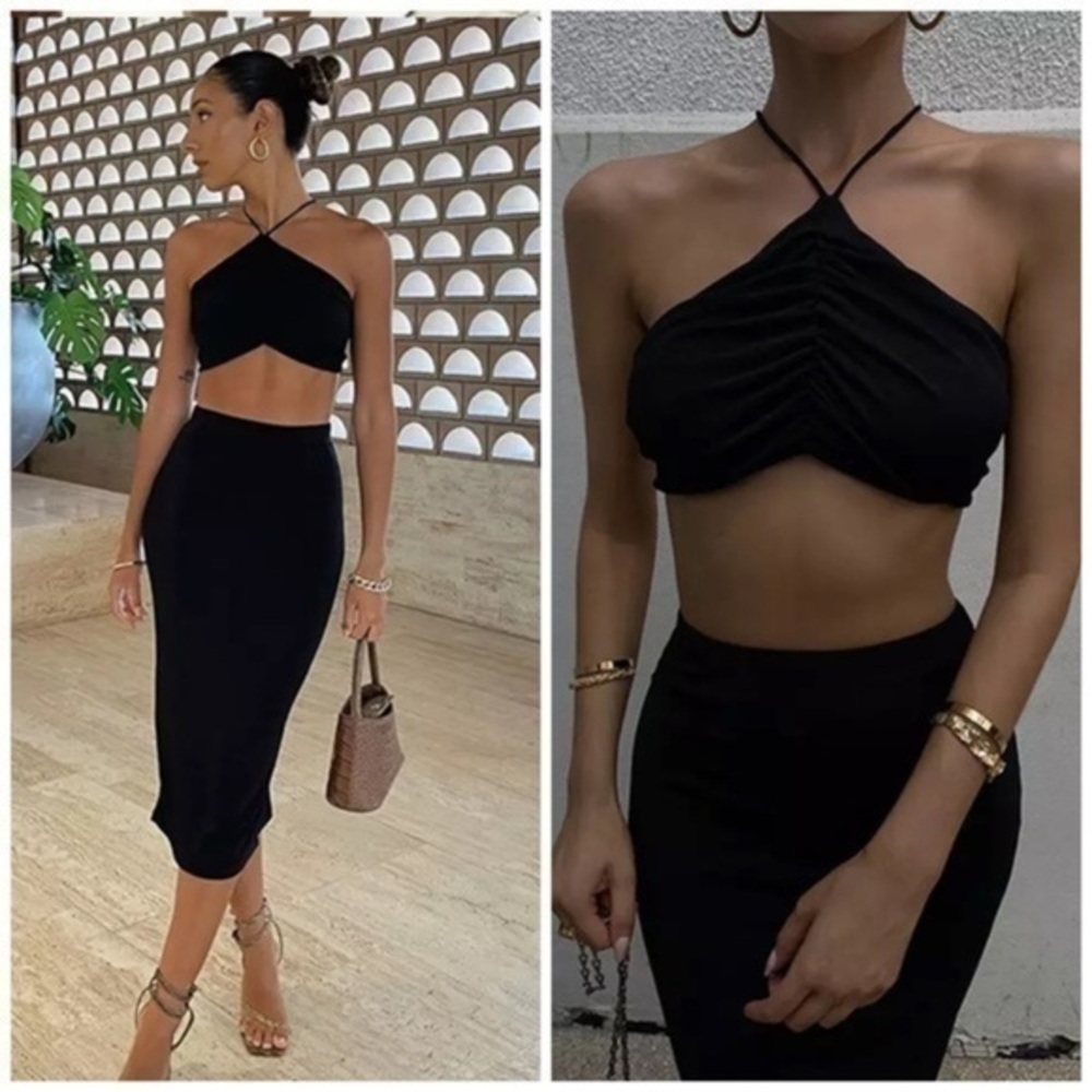 Two piece BLACK set midi skirt crop top